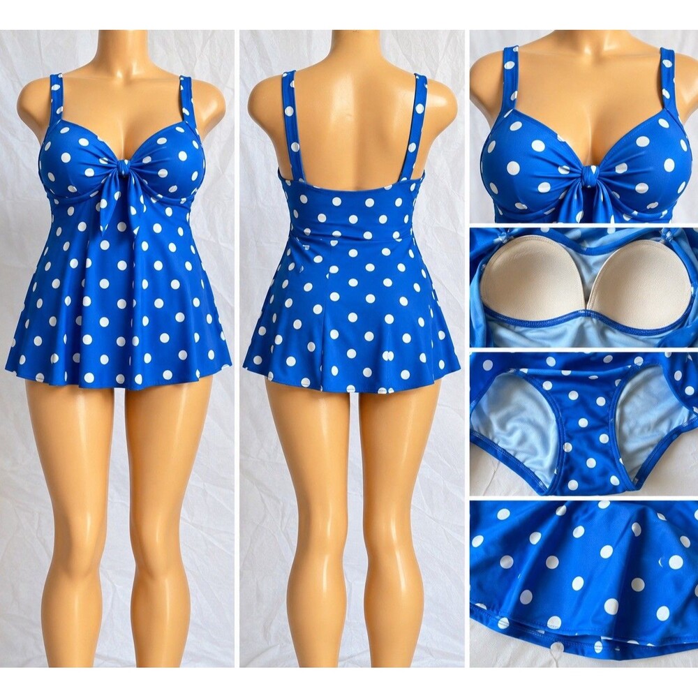 St. John's Bay One Piece Swimsuit Plus Size Polka Dot Blue White Padded Skirted